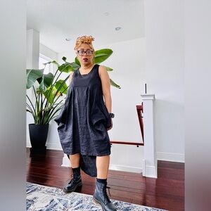 Loose Asymmetrical Sleeveless Linen
Dress with Draped Details: